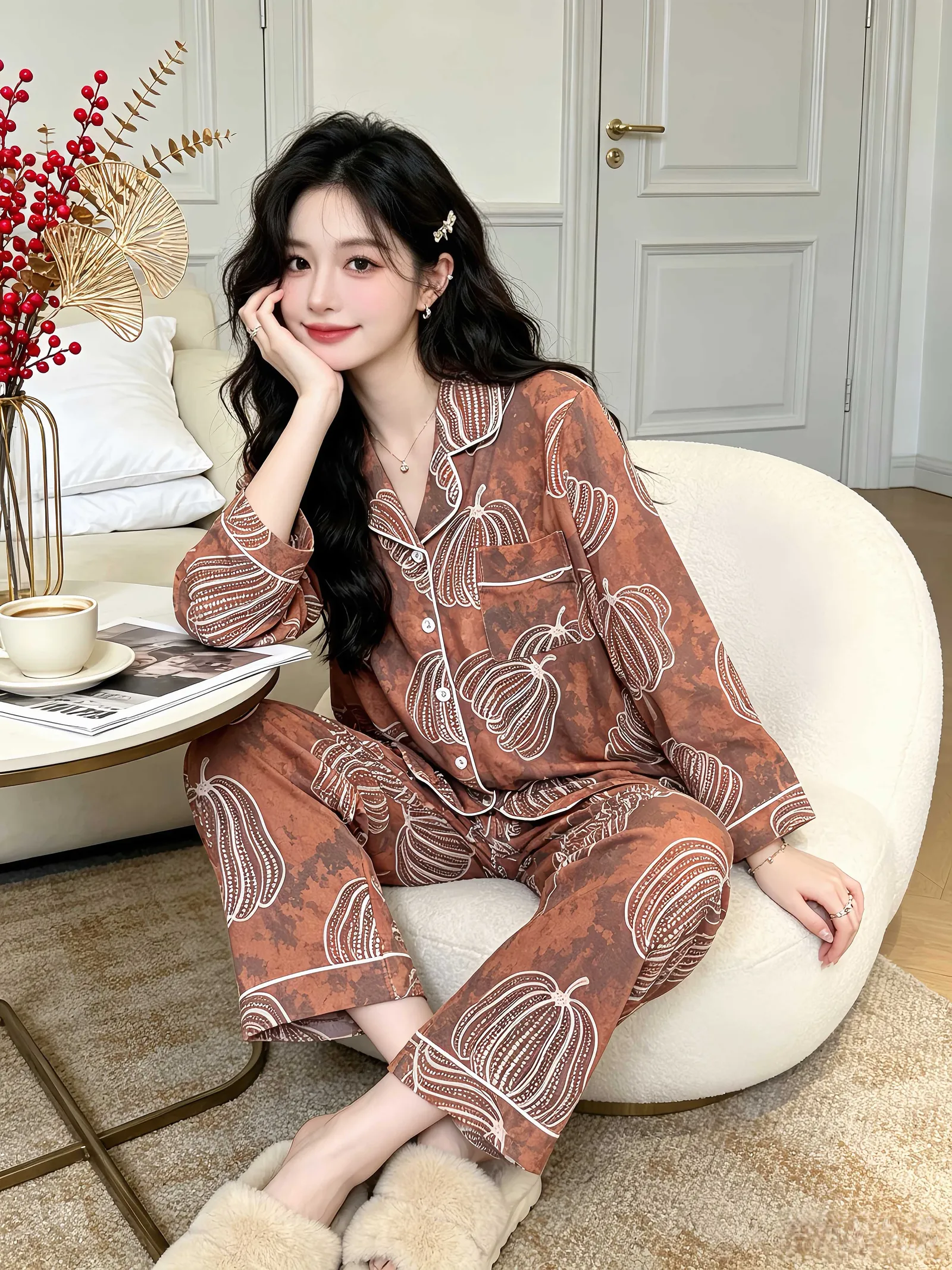 Set Musim Semi/Gugur Baru untuk Wanita, Piyama Rumahan Two-Piece Lengan Panjang dan Celana Panjang dari Katun, Gaya Santai dengan Kerah Turn-down, Cardigan yang Bisa Dipakai di Luar · Grosir · OEM · Pengiriman Global - Detail 6
