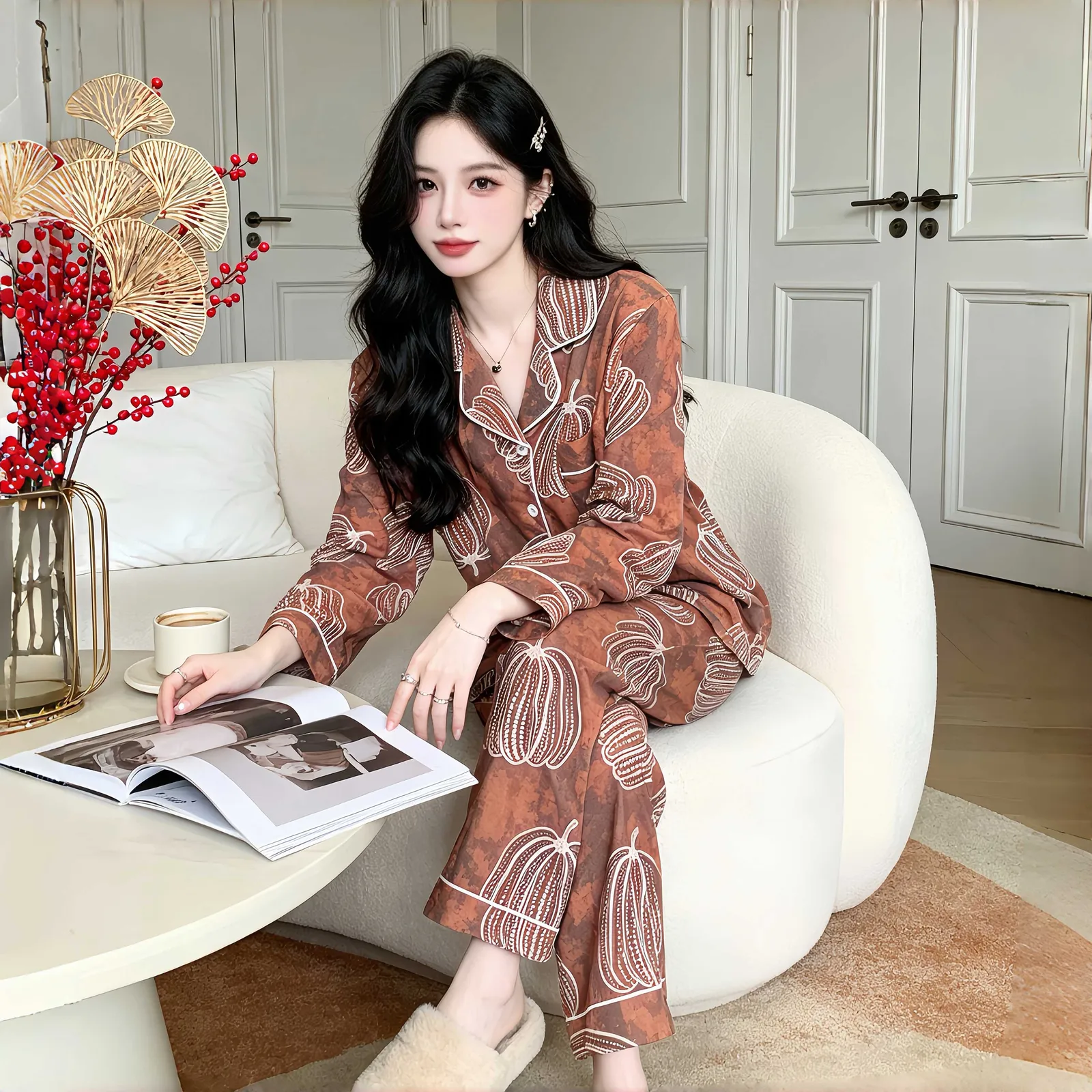 Set Musim Semi/Gugur Baru untuk Wanita, Piyama Rumahan Two-Piece Lengan Panjang dan Celana Panjang dari Katun, Gaya Santai dengan Kerah Turn-down, Cardigan yang Bisa Dipakai di Luar · Grosir · OEM · Pengiriman Global - View 1