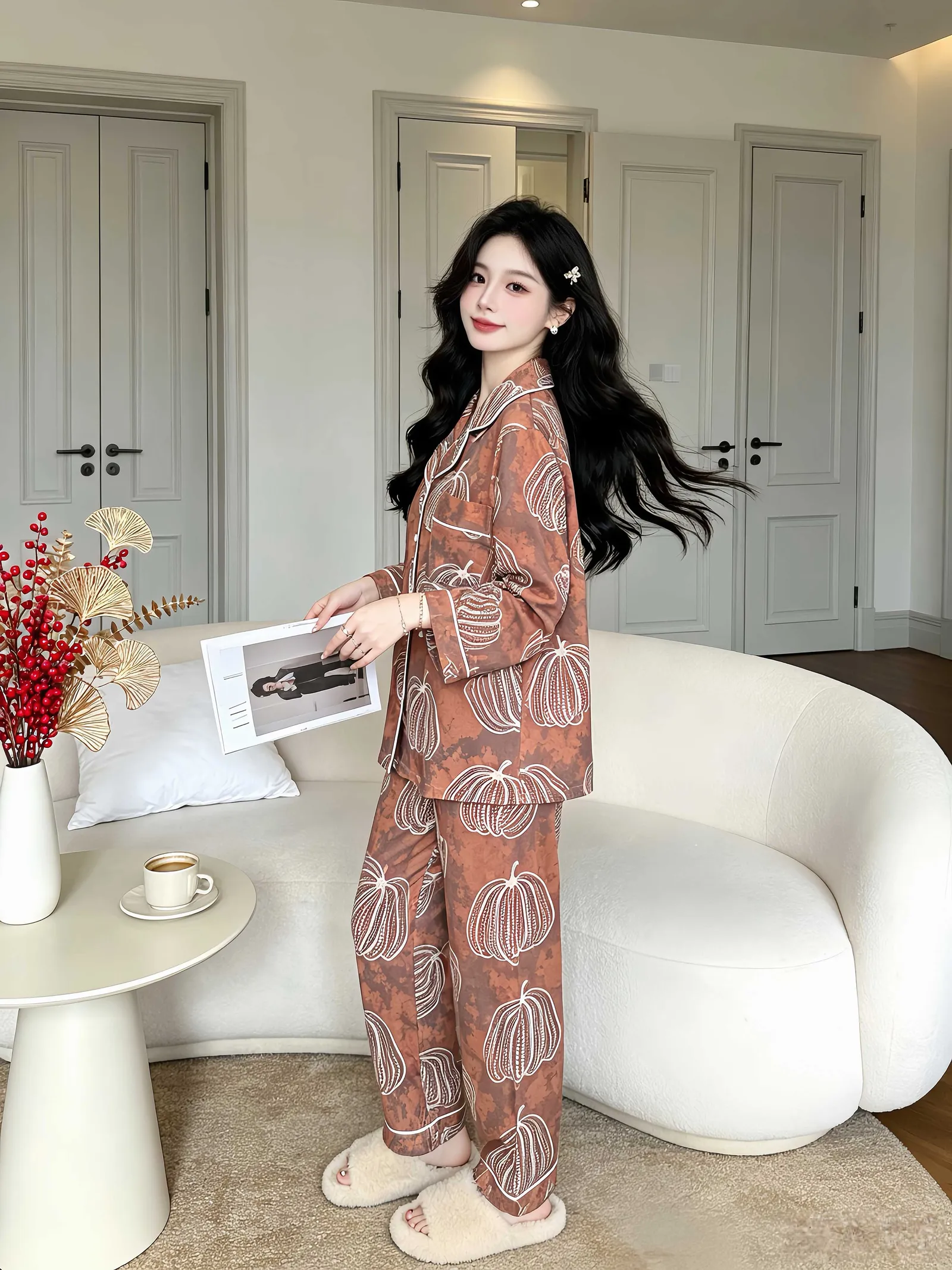 Set Musim Semi/Gugur Baru untuk Wanita, Piyama Rumahan Two-Piece Lengan Panjang dan Celana Panjang dari Katun, Gaya Santai dengan Kerah Turn-down, Cardigan yang Bisa Dipakai di Luar · Grosir · OEM · Pengiriman Global - Detail 3