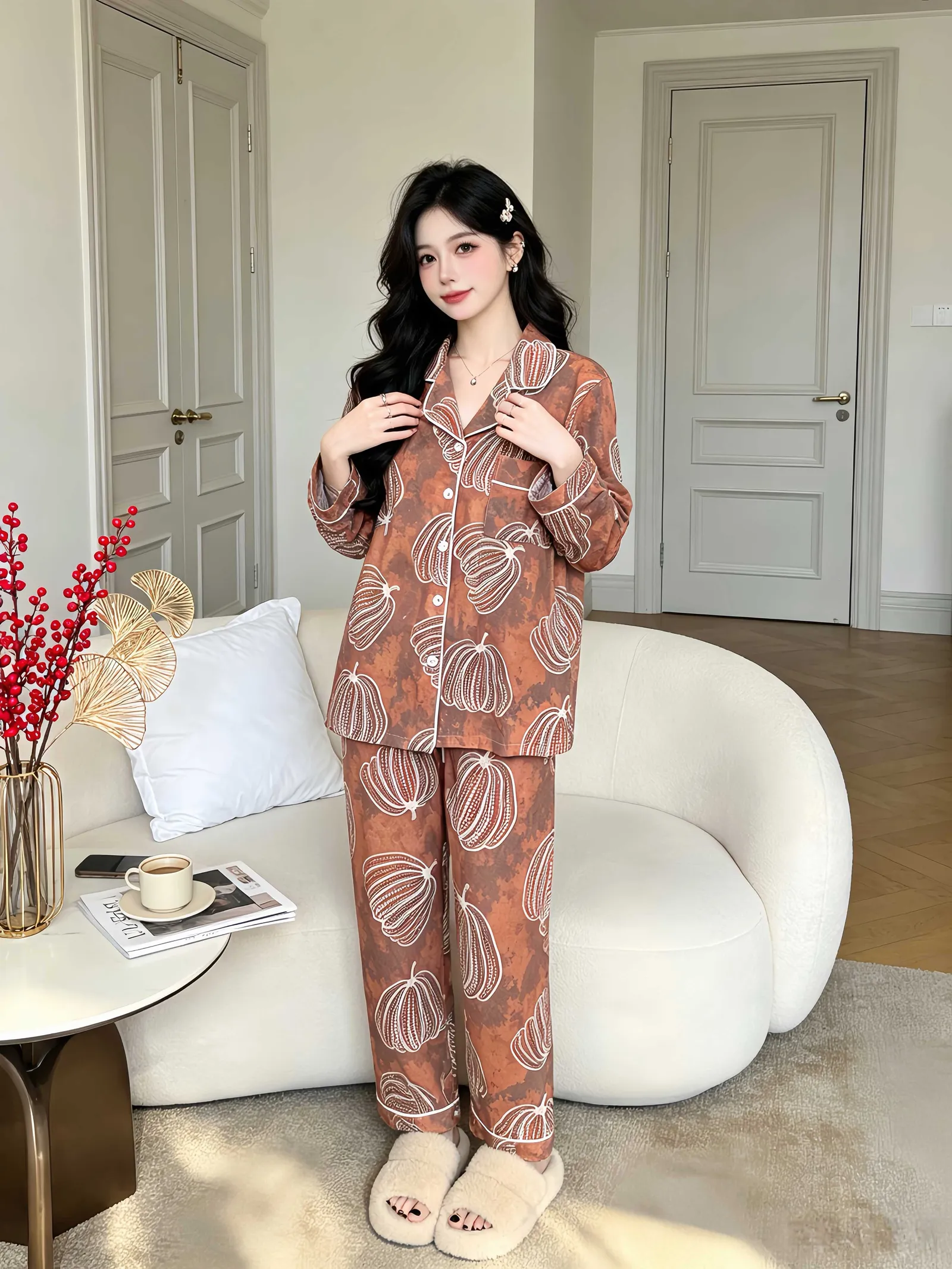 Set Musim Semi/Gugur Baru untuk Wanita, Piyama Rumahan Two-Piece Lengan Panjang dan Celana Panjang dari Katun, Gaya Santai dengan Kerah Turn-down, Cardigan yang Bisa Dipakai di Luar · Grosir · OEM · Pengiriman Global - Detail 5