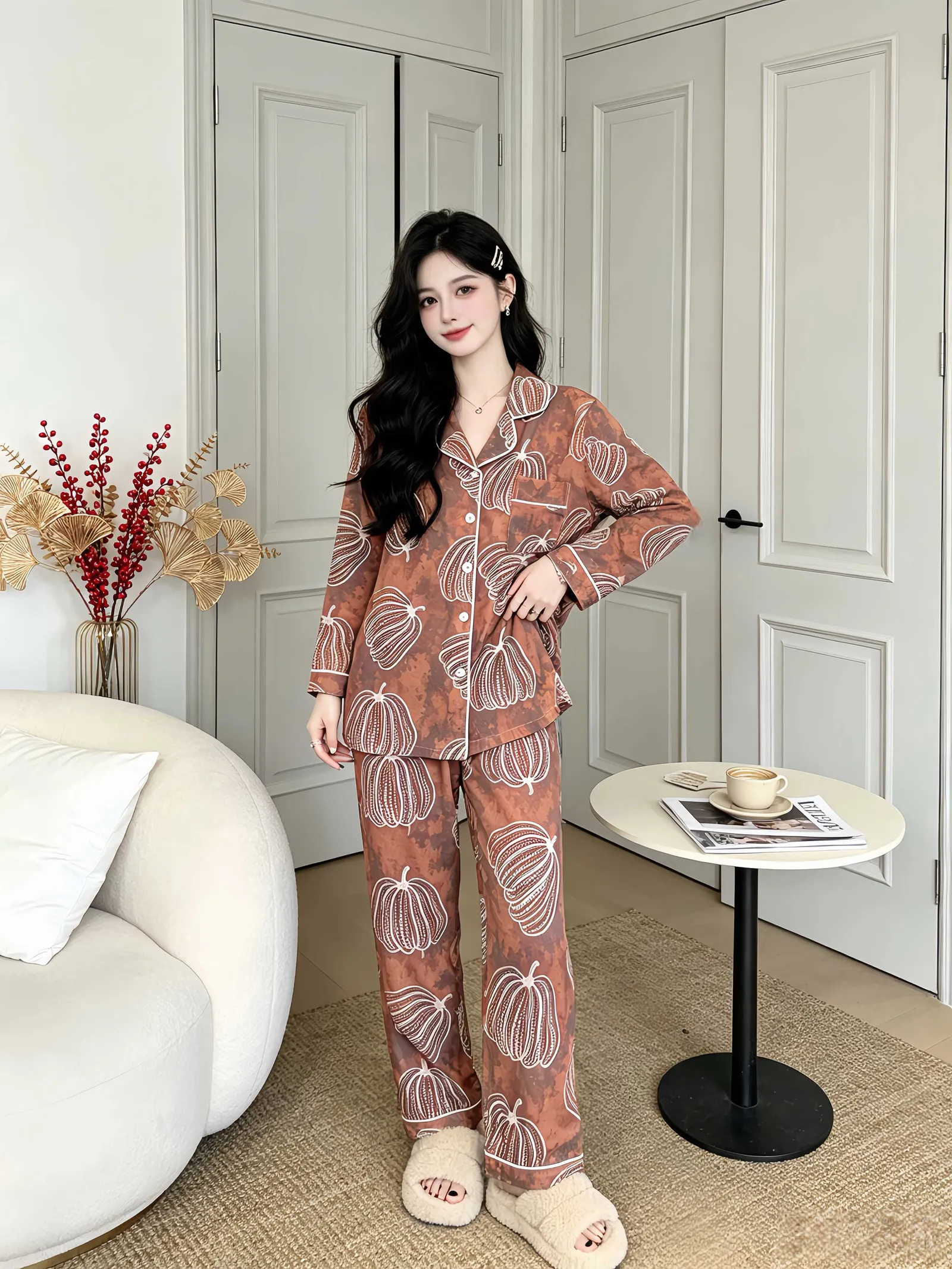 Set Musim Semi/Gugur Baru untuk Wanita, Piyama Rumahan Two-Piece Lengan Panjang dan Celana Panjang dari Katun, Gaya Santai dengan Kerah Turn-down, Cardigan yang Bisa Dipakai di Luar · Grosir · OEM · Pengiriman Global - Detail 2