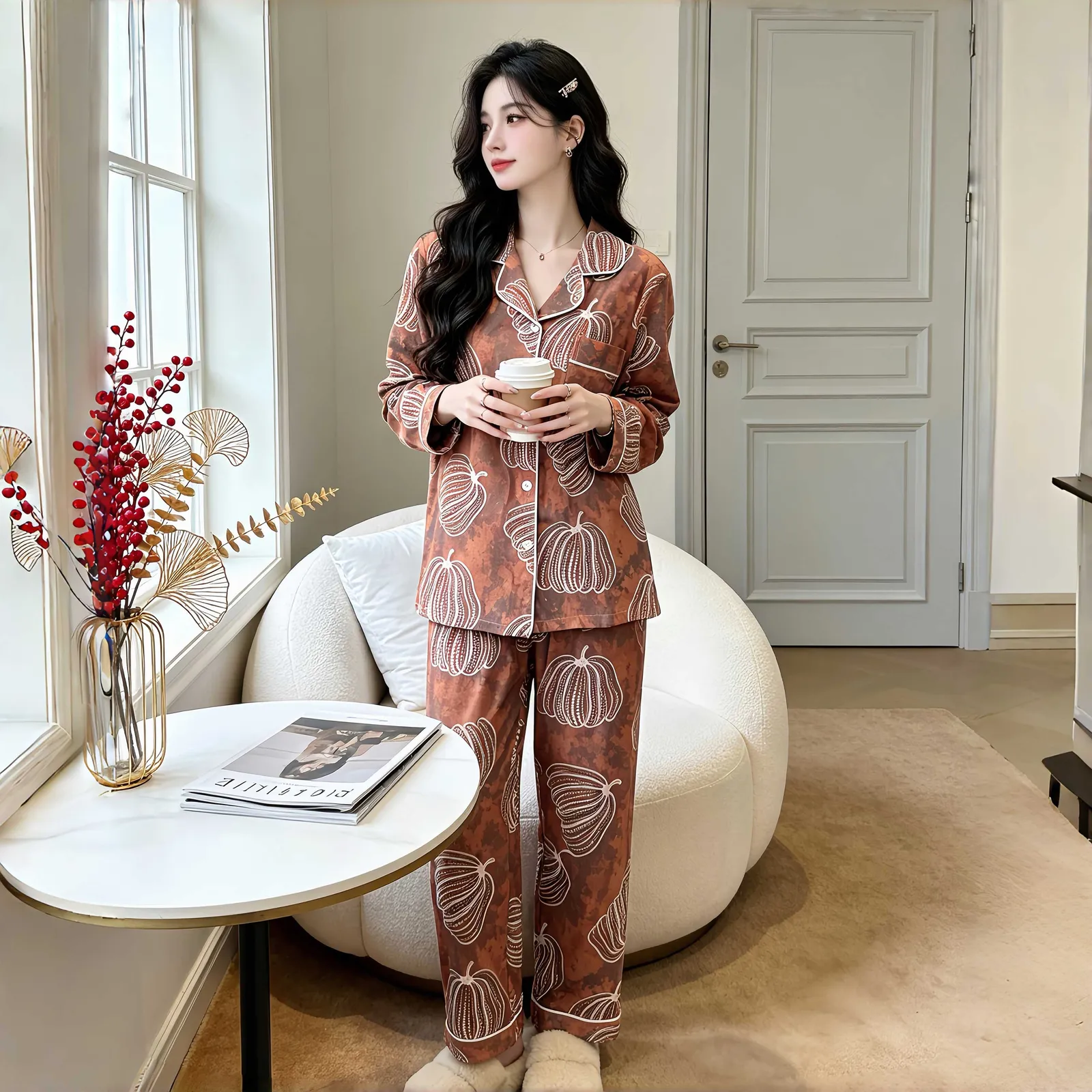 Set Musim Semi/Gugur Baru untuk Wanita, Piyama Rumahan Two-Piece Lengan Panjang dan Celana Panjang dari Katun, Gaya Santai dengan Kerah Turn-down, Cardigan yang Bisa Dipakai di Luar · Grosir · OEM · Pengiriman Global - View 3