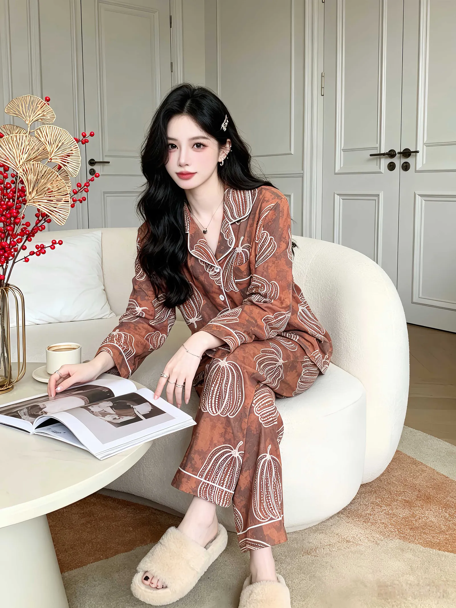 Set Musim Semi/Gugur Baru untuk Wanita, Piyama Rumahan Two-Piece Lengan Panjang dan Celana Panjang dari Katun, Gaya Santai dengan Kerah Turn-down, Cardigan yang Bisa Dipakai di Luar · Grosir · OEM · Pengiriman Global - Detail 8