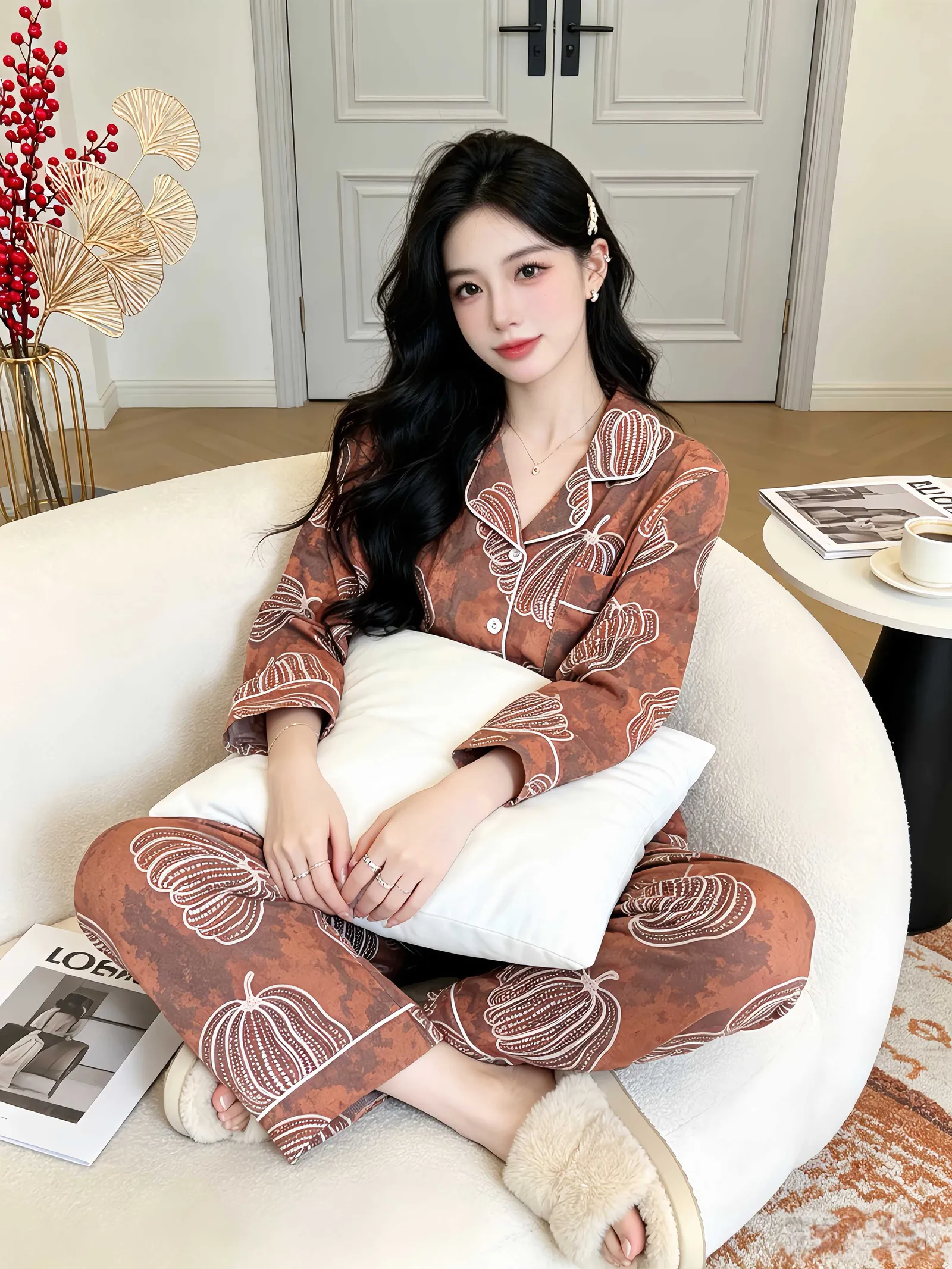 Set Musim Semi/Gugur Baru untuk Wanita, Piyama Rumahan Two-Piece Lengan Panjang dan Celana Panjang dari Katun, Gaya Santai dengan Kerah Turn-down, Cardigan yang Bisa Dipakai di Luar · Grosir · OEM · Pengiriman Global - Detail 4