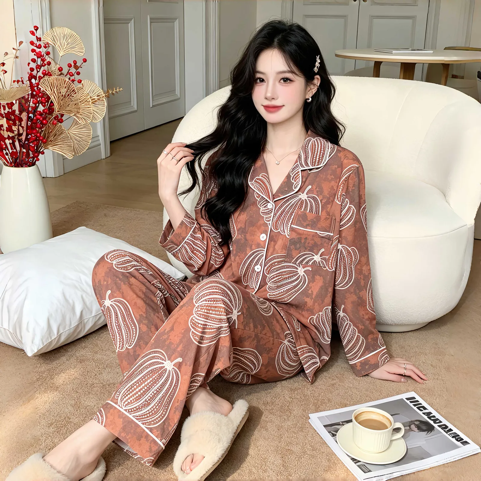 Set Musim Semi/Gugur Baru untuk Wanita, Piyama Rumahan Two-Piece Lengan Panjang dan Celana Panjang dari Katun, Gaya Santai dengan Kerah Turn-down, Cardigan yang Bisa Dipakai di Luar · Grosir · OEM · Pengiriman Global - View 2