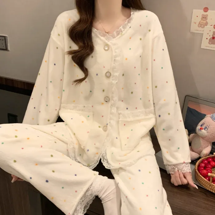 81W# 겨울 신상 플란넬 잠옷 여성 프린세스 스타일 두꺼운 달콤한 소녀 홈웨어 세트 260g · 도매 · OEM · 전 세계 배송 - Detail 7