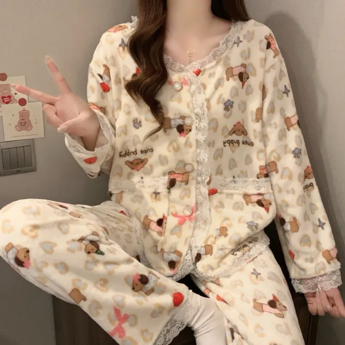 81W# 겨울 신상 플란넬 잠옷 여성 프린세스 스타일 두꺼운 달콤한 소녀 홈웨어 세트 260g · 도매 · OEM · 전 세계 배송 - Detail 5