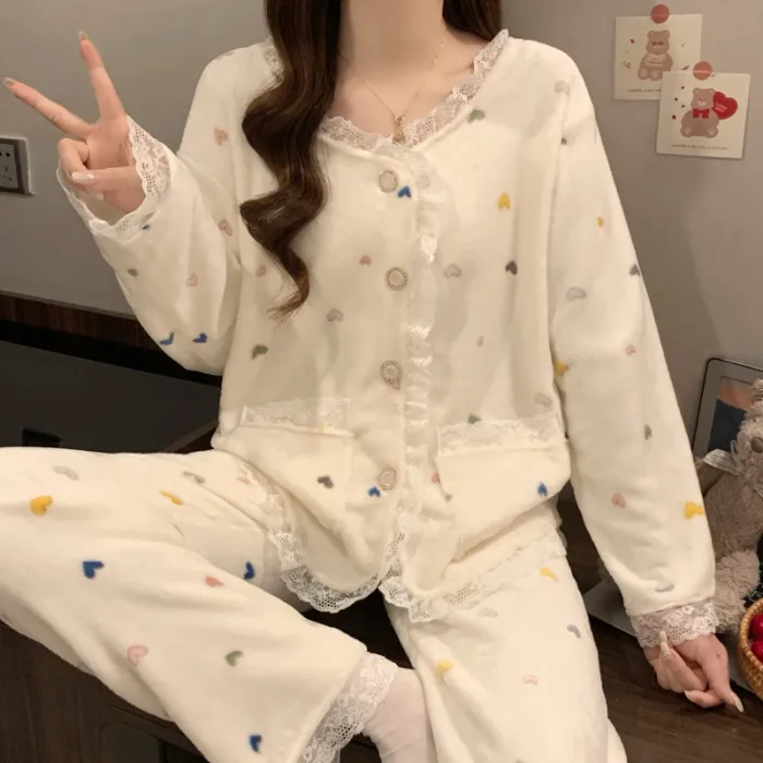 81W# 겨울 신상 플란넬 잠옷 여성 프린세스 스타일 두꺼운 달콤한 소녀 홈웨어 세트 260g · 도매 · OEM · 전 세계 배송 - Detail 10