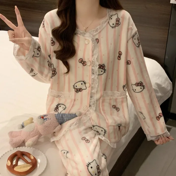 81W# 겨울 신상 플란넬 잠옷 여성 프린세스 스타일 두꺼운 달콤한 소녀 홈웨어 세트 260g · 도매 · OEM · 전 세계 배송 - Detail 1