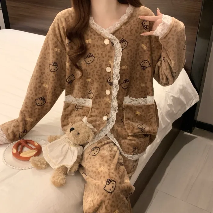 81W# 겨울 신상 플란넬 잠옷 여성 프린세스 스타일 두꺼운 달콤한 소녀 홈웨어 세트 260g · 도매 · OEM · 전 세계 배송 - Detail 8