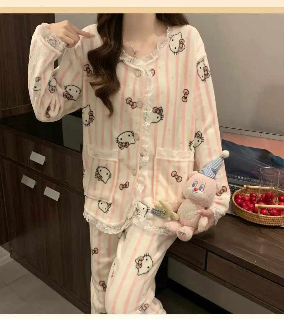 81W# 겨울 신상 플란넬 잠옷 여성 프린세스 스타일 두꺼운 달콤한 소녀 홈웨어 세트 260g · 도매 · OEM · 전 세계 배송 - Detail 20