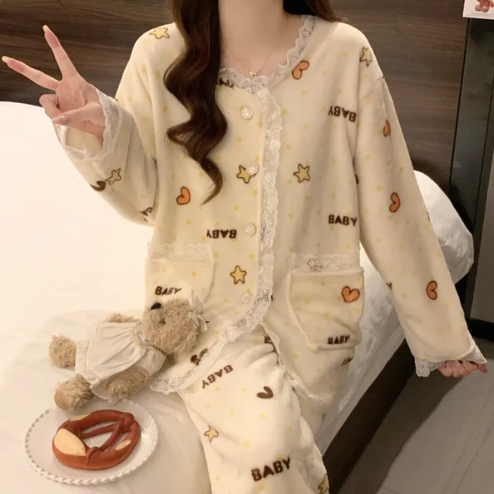 81W# 겨울 신상 플란넬 잠옷 여성 프린세스 스타일 두꺼운 달콤한 소녀 홈웨어 세트 260g · 도매 · OEM · 전 세계 배송 - Detail 11