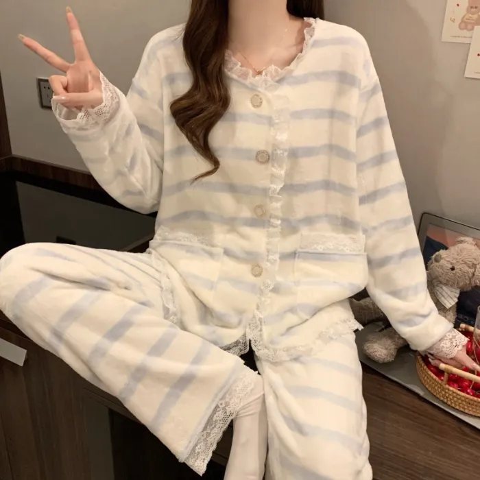 81W# 겨울 신상 플란넬 잠옷 여성 프린세스 스타일 두꺼운 달콤한 소녀 홈웨어 세트 260g · 도매 · OEM · 전 세계 배송 - Detail 3