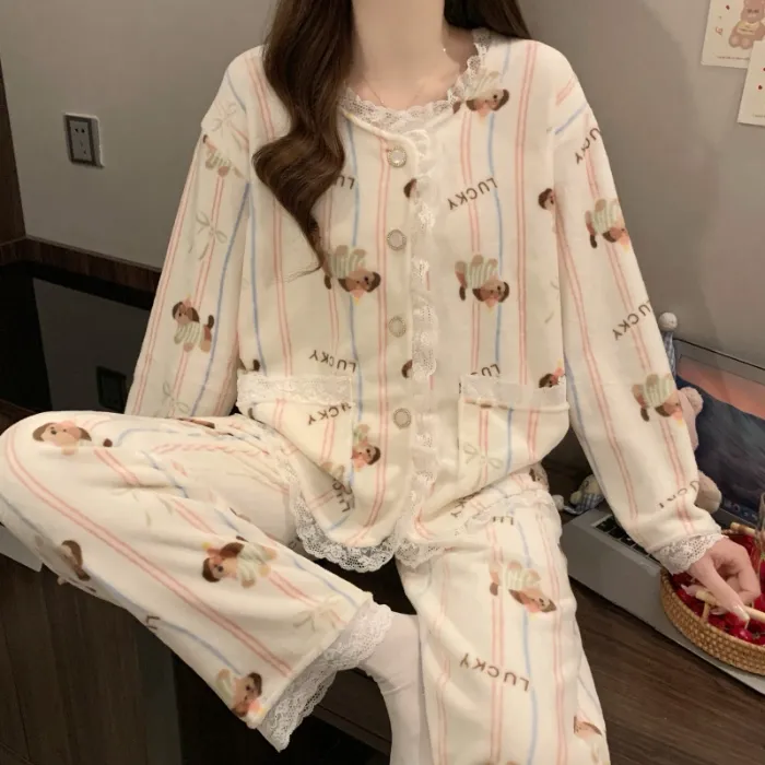 81W# 겨울 신상 플란넬 잠옷 여성 프린세스 스타일 두꺼운 달콤한 소녀 홈웨어 세트 260g · 도매 · OEM · 전 세계 배송 - Detail 2
