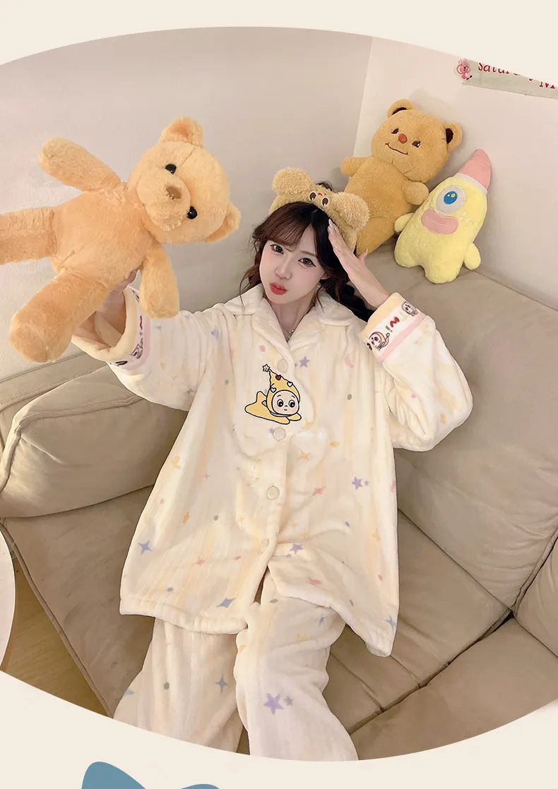 2026 신상 겨울 플란넬 파자마 여성 카라 오픈 카디건 세트 루즈핏 소녀 홈웨어 · 도매 · OEM · 전 세계 배송 - Detail 9