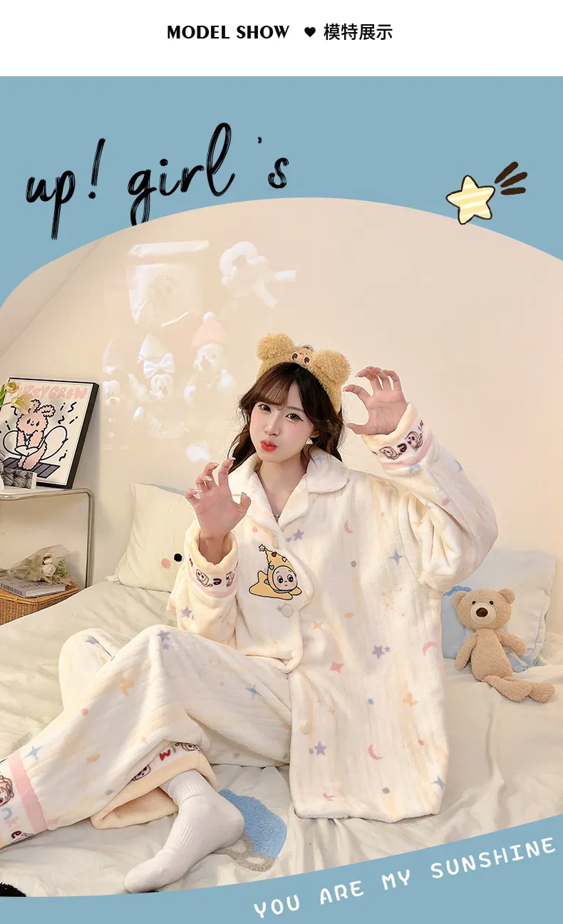 2026 신상 겨울 플란넬 파자마 여성 카라 오픈 카디건 세트 루즈핏 소녀 홈웨어 · 도매 · OEM · 전 세계 배송 - Detail 7