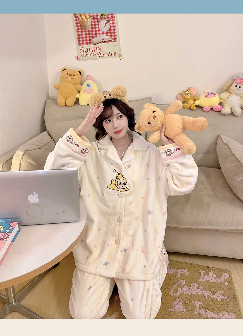2026 신상 겨울 플란넬 파자마 여성 카라 오픈 카디건 세트 루즈핏 소녀 홈웨어 · 도매 · OEM · 전 세계 배송 - Detail 8