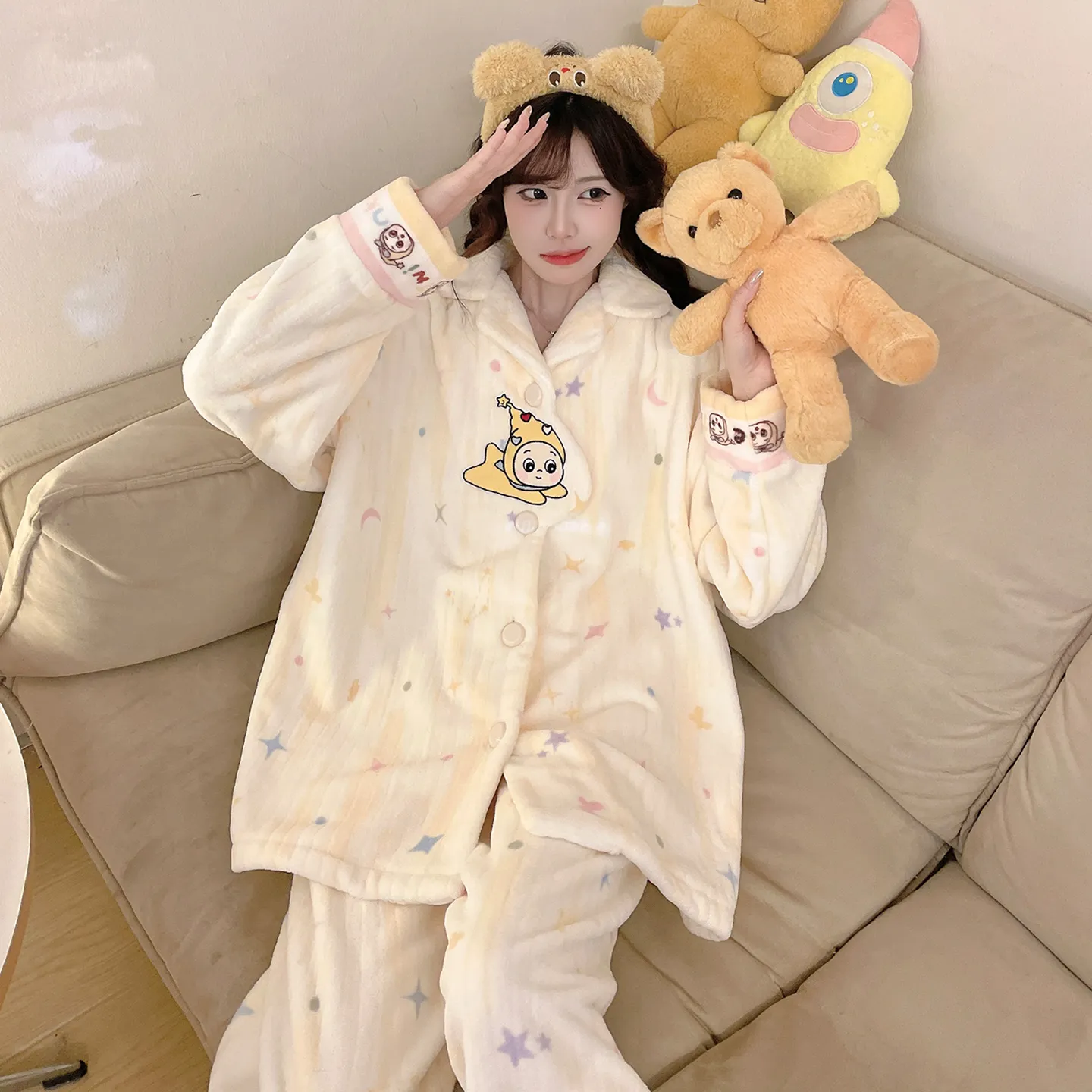 2026 신상 겨울 플란넬 파자마 여성 카라 오픈 카디건 세트 루즈핏 소녀 홈웨어 · 도매 · OEM · 전 세계 배송 - View 2