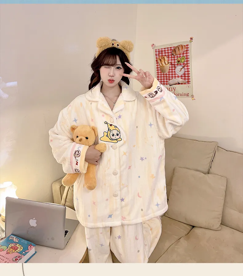 2026 신상 겨울 플란넬 파자마 여성 카라 오픈 카디건 세트 루즈핏 소녀 홈웨어 · 도매 · OEM · 전 세계 배송 - Detail 12