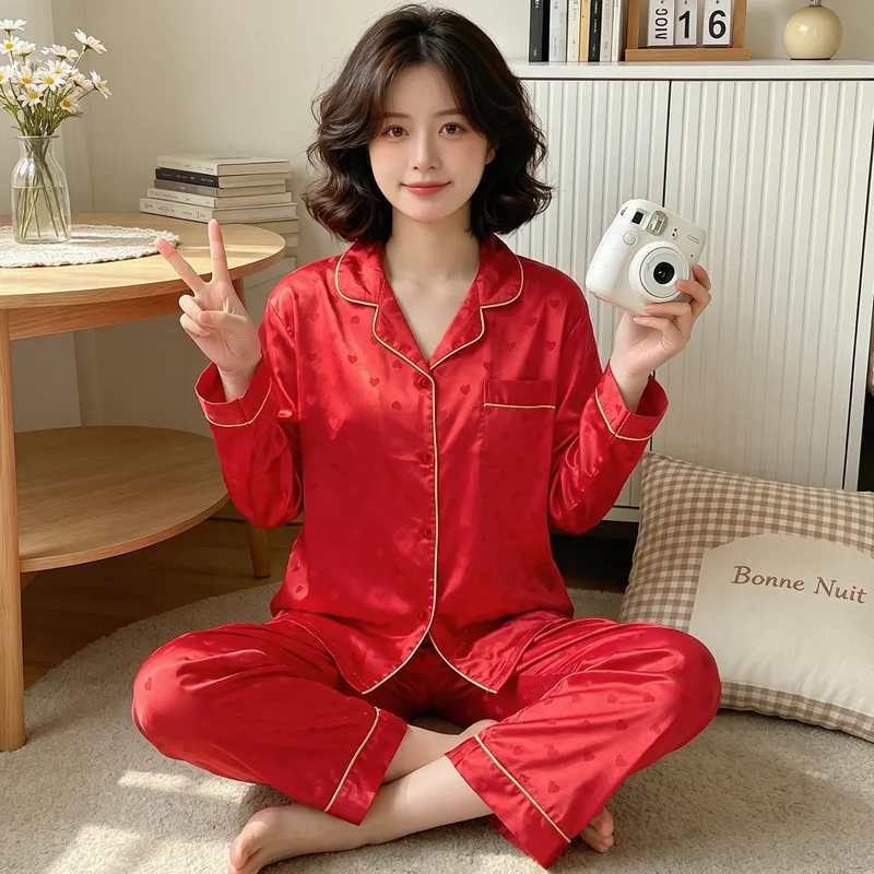 Yuanxing 8224 Lucky Red High-Appearance Jacquard Heart Faux Silk Pajamas Long Sleeve Loungewear Set · Wholesale · OEM · Worldwide Shipping