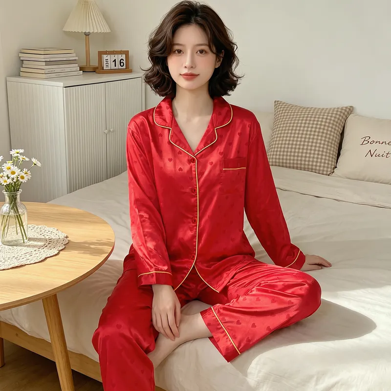 Yuanxing 8224 Lucky Red High-Appearance Jacquard Heart Faux Silk Pajamas Long Sleeve Loungewear Set · Wholesale · OEM · Worldwide Shipping - View 2
