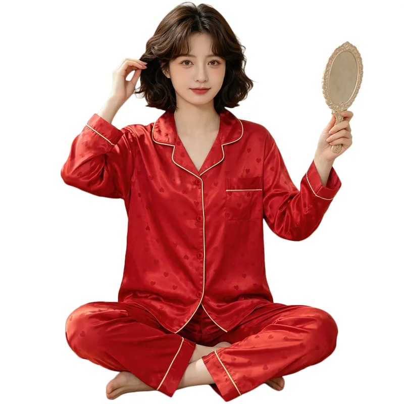 Yuanxing 8224 Lucky Red High-Appearance Jacquard Heart Faux Silk Pajamas Long Sleeve Loungewear Set · Wholesale · OEM · Worldwide Shipping - View 4