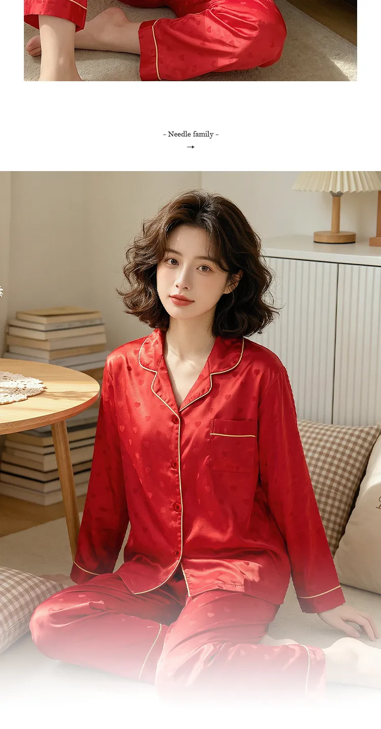 Yuanxing 8224 Lucky Red High-Appearance Jacquard Heart Faux Silk Pajamas Long Sleeve Loungewear Set · Wholesale · OEM · Worldwide Shipping - Detail 10