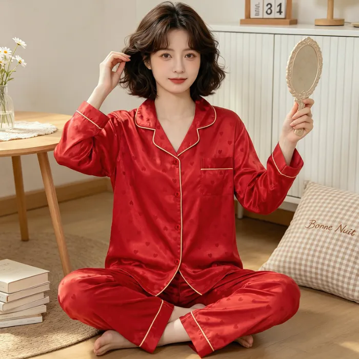 Yuanxing 8224 Lucky Red High-Appearance Jacquard Heart Faux Silk Pajamas Long Sleeve Loungewear Set · Wholesale · OEM · Worldwide Shipping - Detail 1