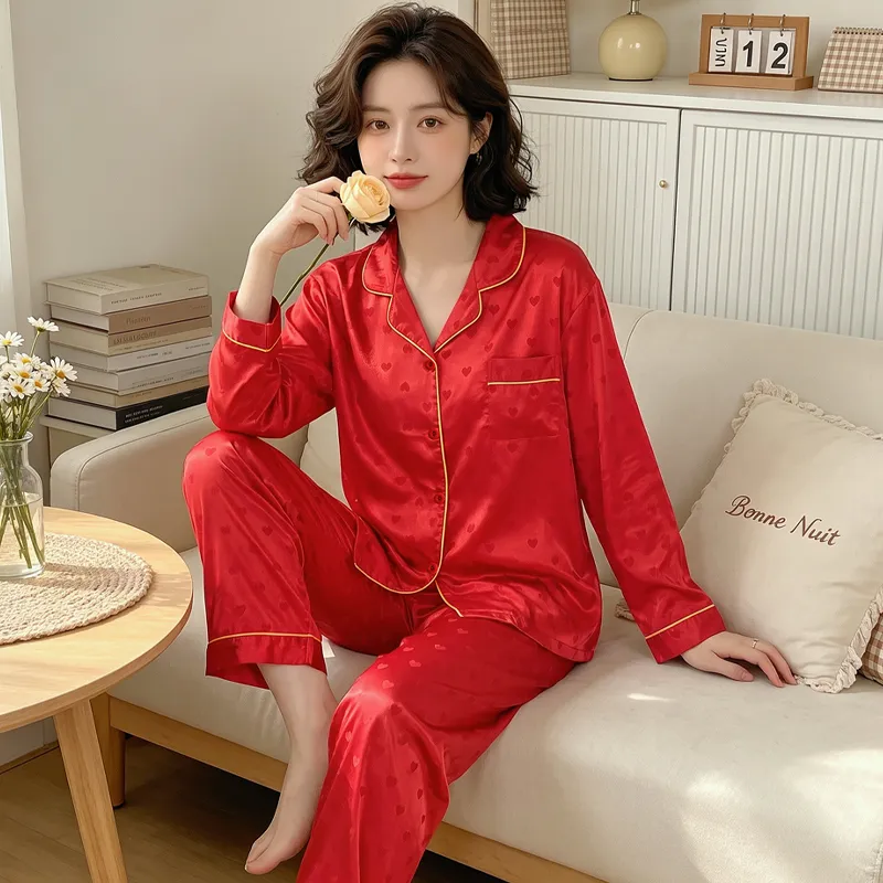 Yuanxing 8224 Lucky Red High-Appearance Jacquard Heart Faux Silk Pajamas Long Sleeve Loungewear Set · Wholesale · OEM · Worldwide Shipping - View 3