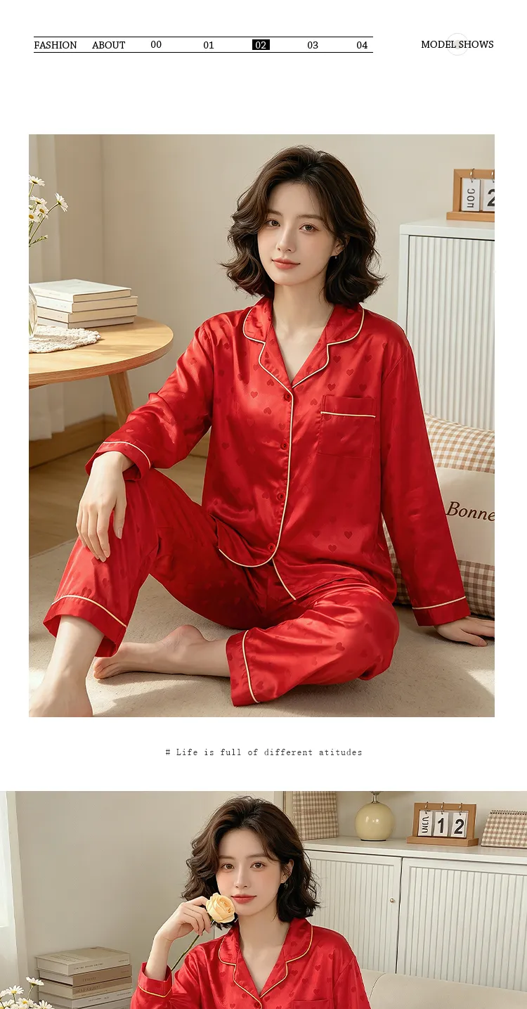 Yuanxing 8224 Lucky Red High-Appearance Jacquard Heart Faux Silk Pajamas Long Sleeve Loungewear Set · Wholesale · OEM · Worldwide Shipping - Detail 6