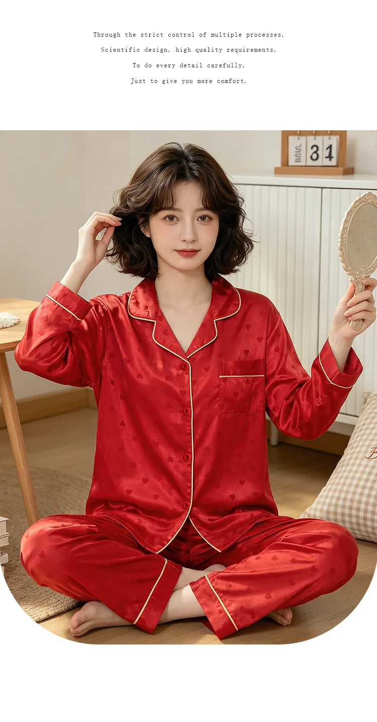 Yuanxing 8224 Lucky Red High-Appearance Jacquard Heart Faux Silk Pajamas Long Sleeve Loungewear Set · Wholesale · OEM · Worldwide Shipping - Detail 11