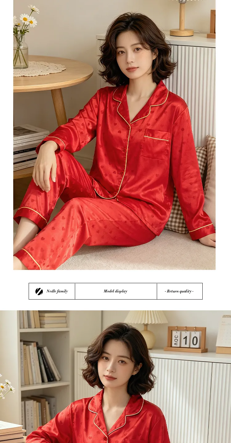 Yuanxing 8224 Lucky Red High-Appearance Jacquard Heart Faux Silk Pajamas Long Sleeve Loungewear Set · Wholesale · OEM · Worldwide Shipping - Detail 8