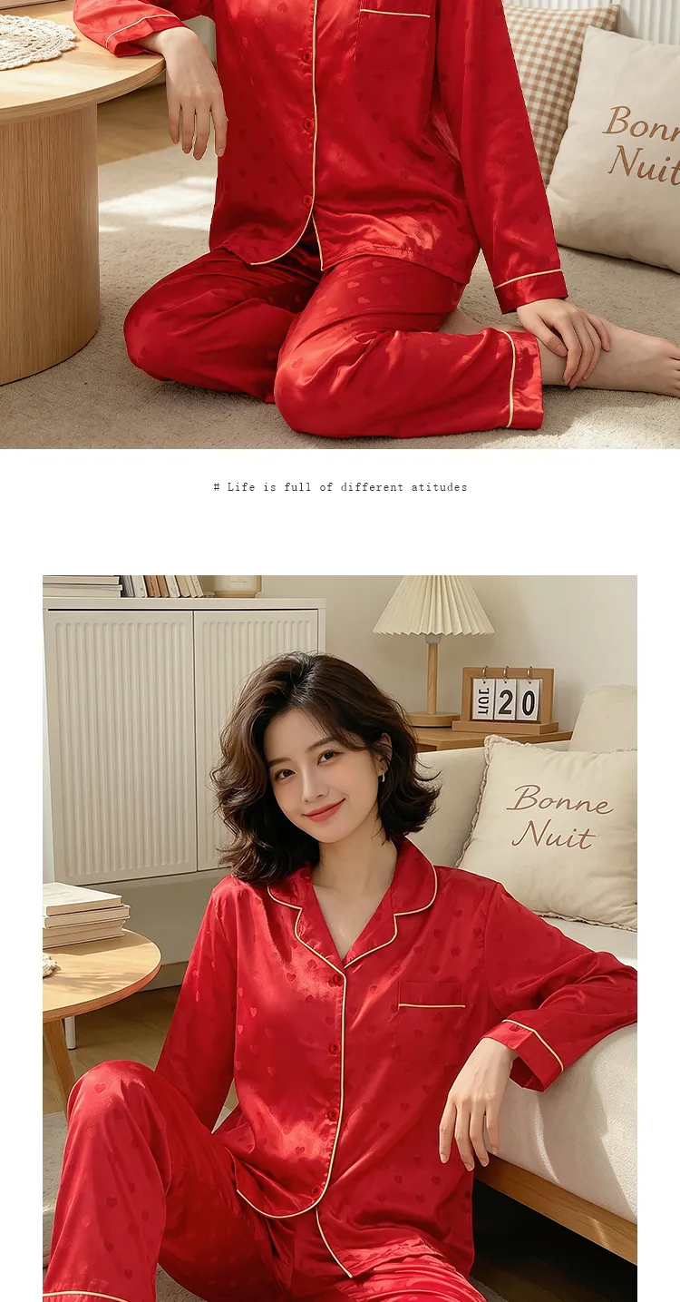 Yuanxing 8224 Lucky Red High-Appearance Jacquard Heart Faux Silk Pajamas Long Sleeve Loungewear Set · Wholesale · OEM · Worldwide Shipping - Detail 9