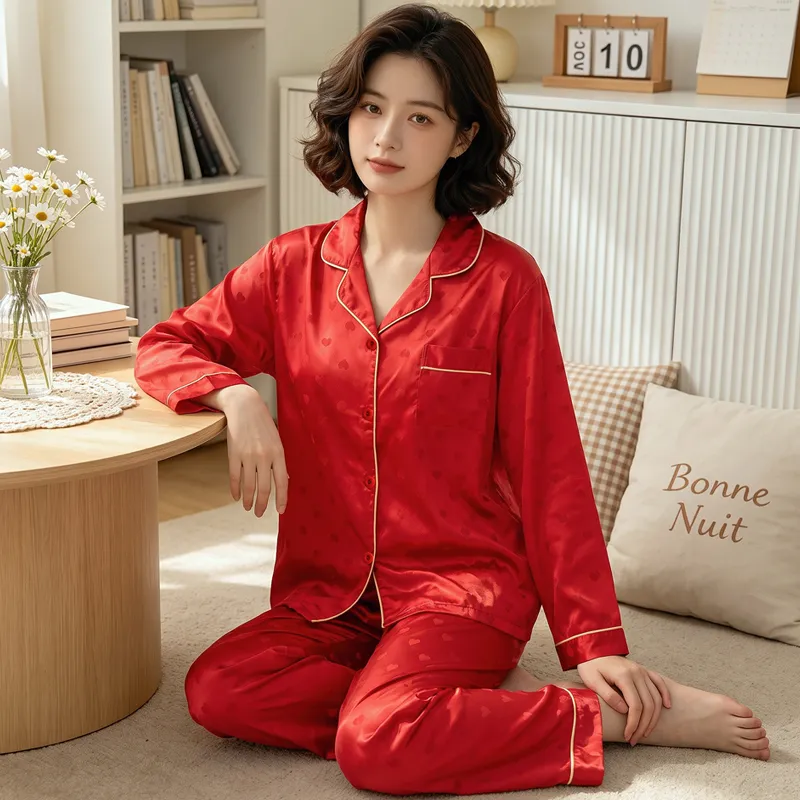 Yuanxing 8224 Lucky Red High-Appearance Jacquard Heart Faux Silk Pajamas Long Sleeve Loungewear Set · Wholesale · OEM · Worldwide Shipping - View 1