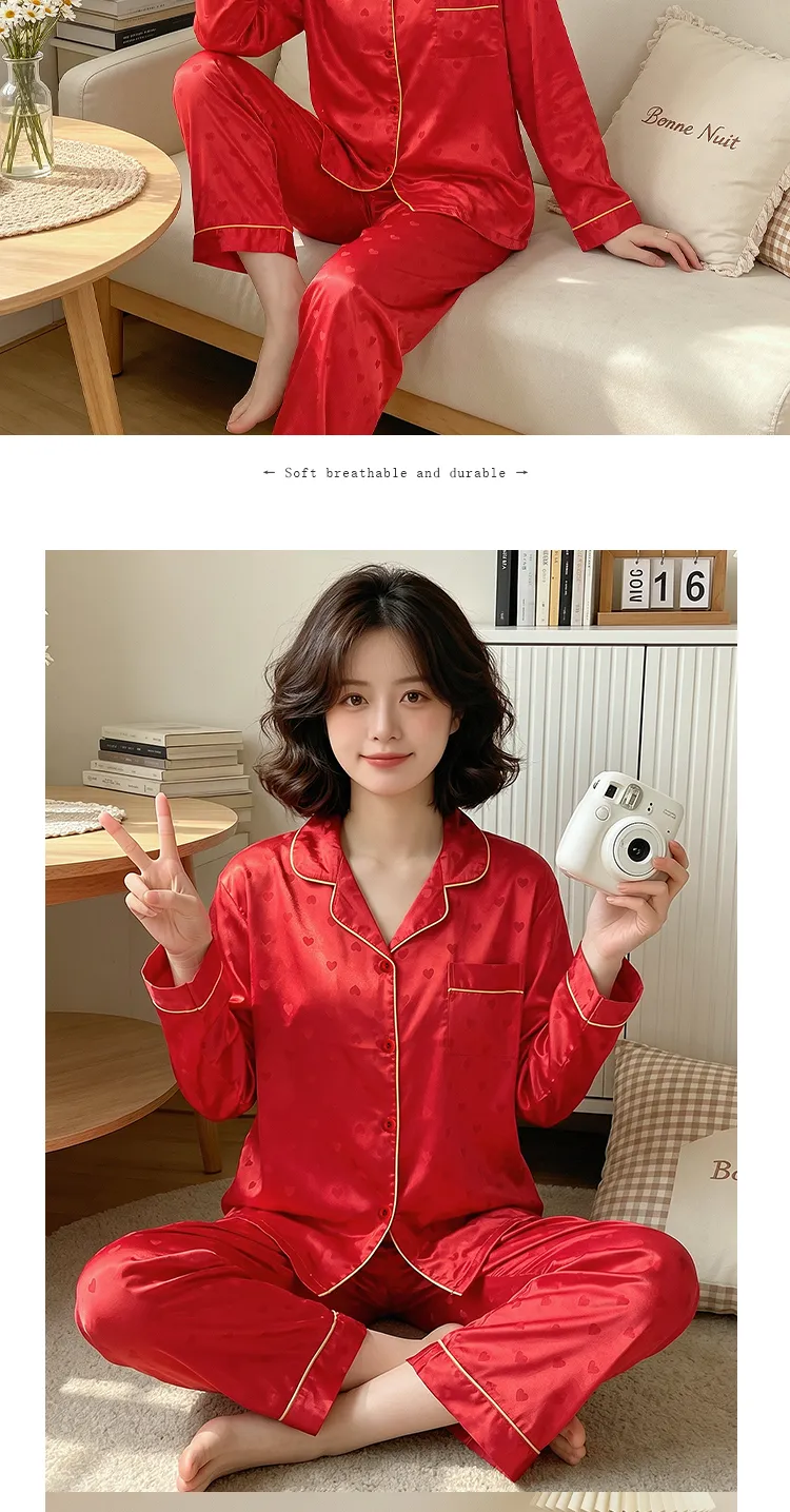 Yuanxing 8224 Lucky Red High-Appearance Jacquard Heart Faux Silk Pajamas Long Sleeve Loungewear Set · Wholesale · OEM · Worldwide Shipping - Detail 7