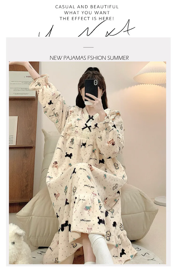レディース冬用フランネルプリントワンピースパジャマ ゆったり大きいサイズ 120kgまで対応 M-5XL · 卸売 · OEM · 世界へ発送 - Detail 28
