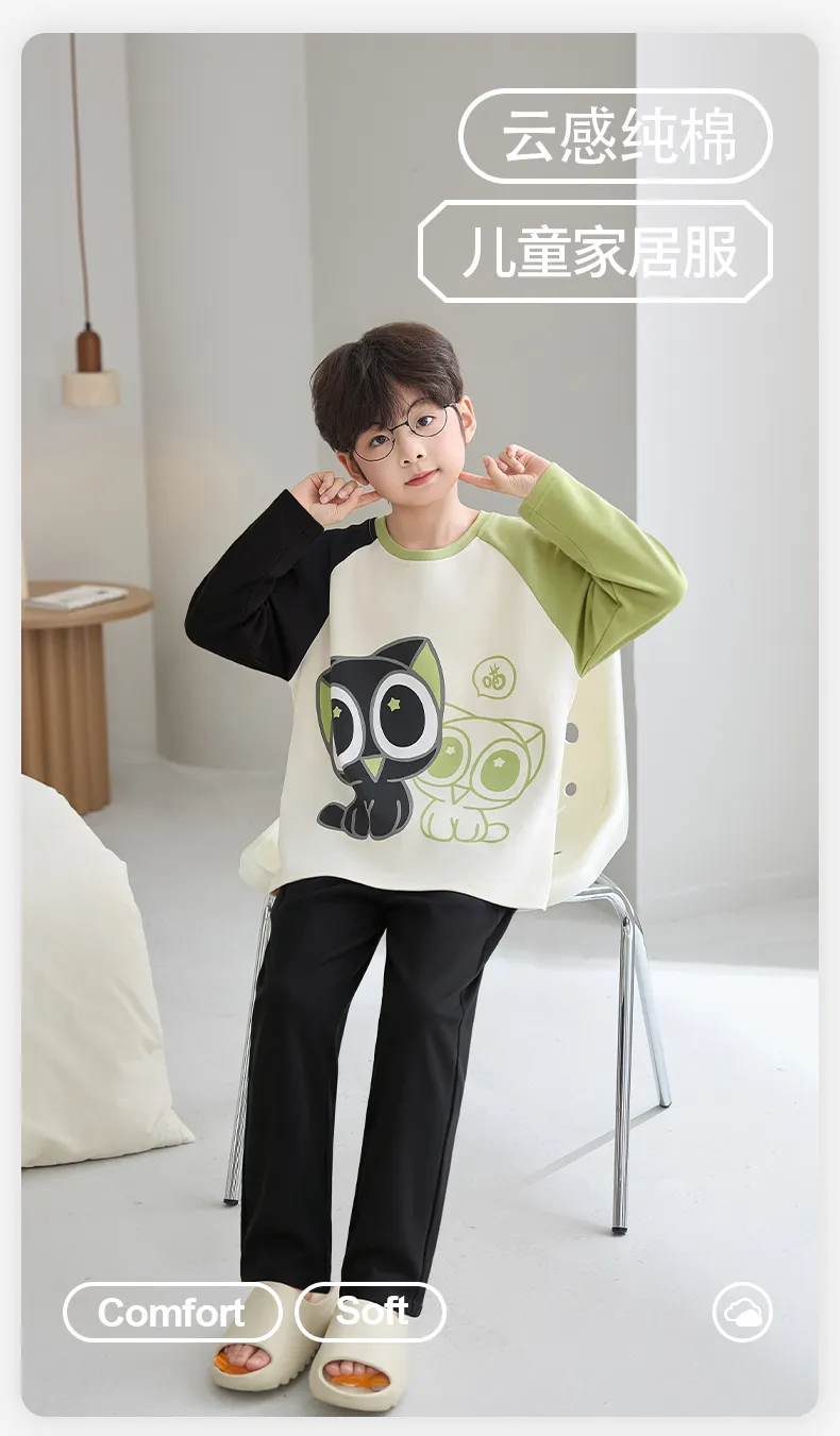 Boys' Pure Cotton Pajama Set, Thin Long Sleeve Spring/Autumn & Summer Loungewear for Ages 12-15 · Wholesale · OEM · Worldwide Shipping - Detail 1