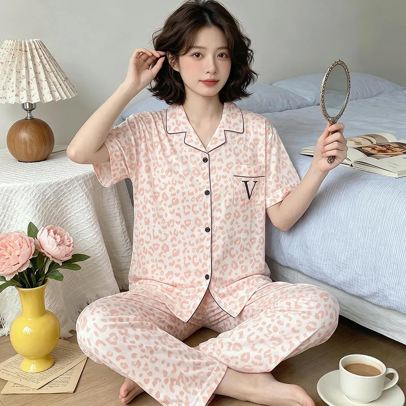 Yuanxing 8284 Spring/Summer European & American Style Ice Silk Short Sleeve Long Pants Loungewear Thin Imitation Silk Set · Wholesale · OEM · Worldwide Shipping