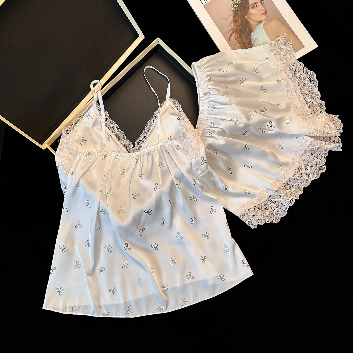 Summer New Ice Silk Cami Shorts Two-Piece Set Cool Sensual Lace Trim Summer Pajama Women's Set with Chest Pads · Wholesale · OEM · Worldwide Shipping - Detail 10