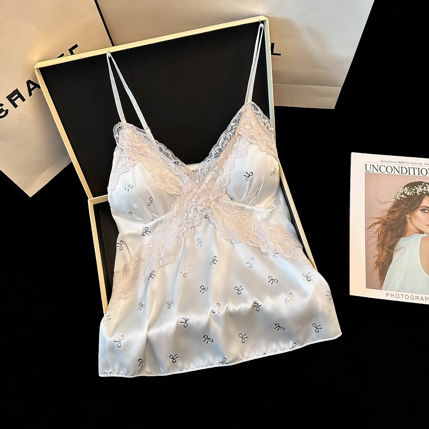 Summer New Ice Silk Cami Shorts Two-Piece Set Cool Sensual Lace Trim Summer Pajama Women's Set with Chest Pads · Wholesale · OEM · Worldwide Shipping - Detail 2