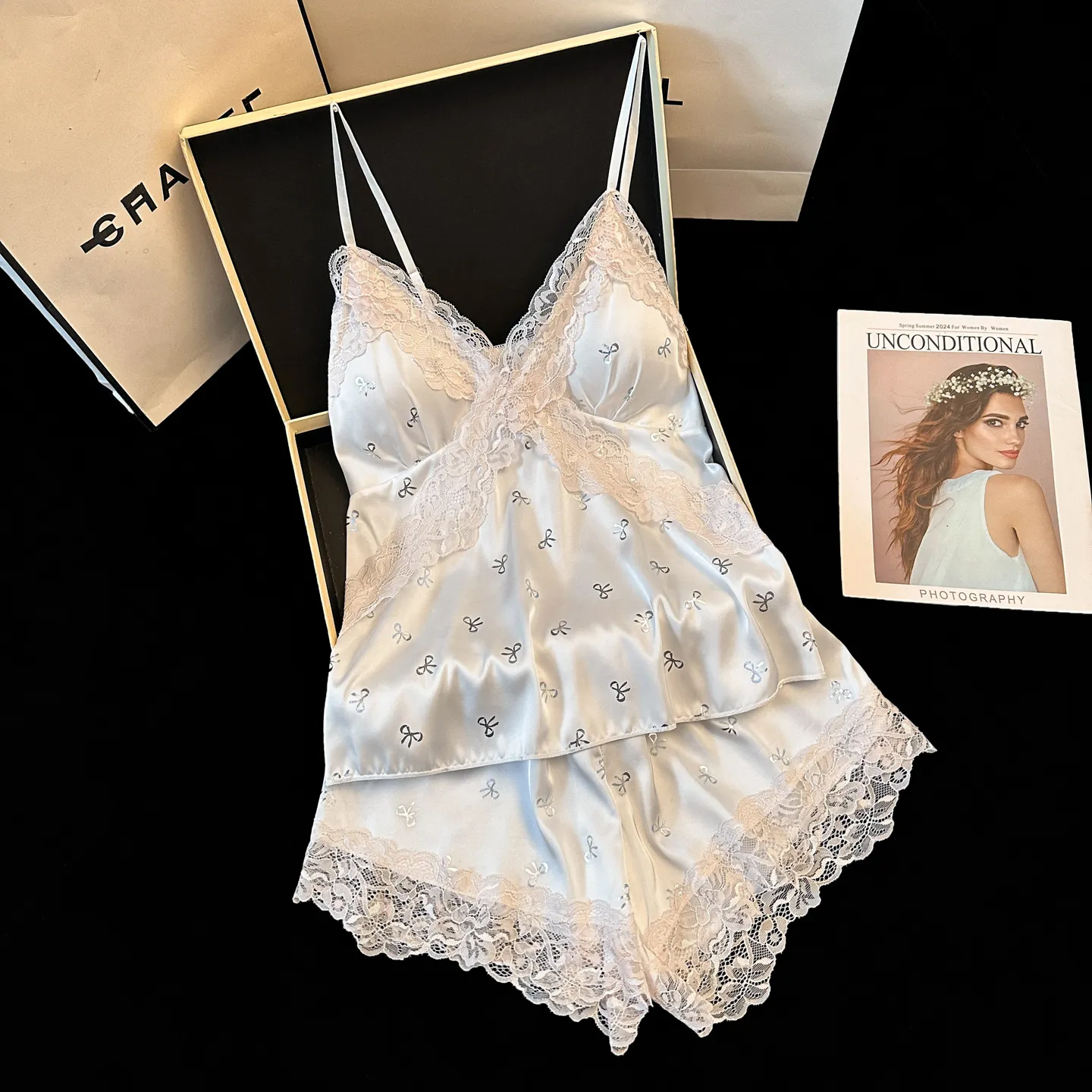Summer New Ice Silk Cami Shorts Two-Piece Set Cool Sensual Lace Trim Summer Pajama Women's Set with Chest Pads · Wholesale · OEM · Worldwide Shipping - Detail 12
