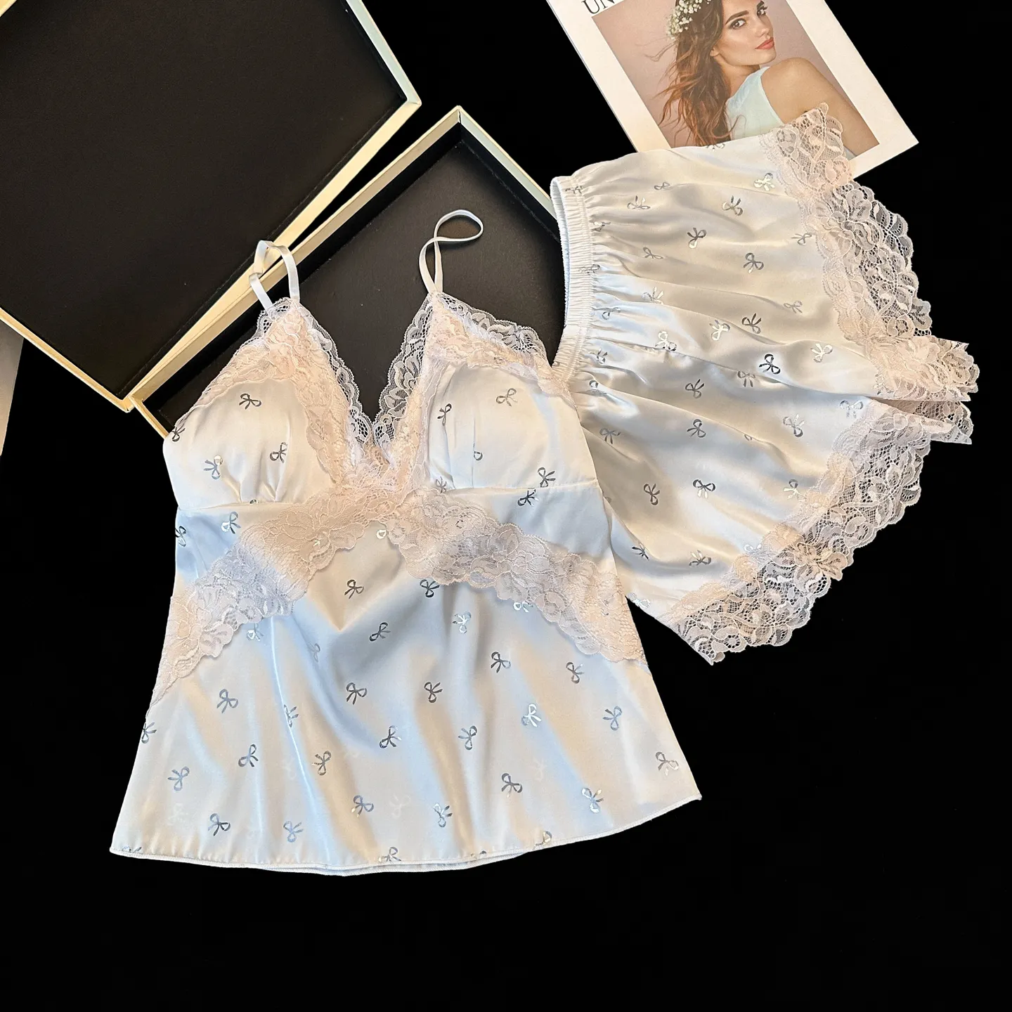 Summer New Ice Silk Cami Shorts Two-Piece Set Cool Sensual Lace Trim Summer Pajama Women's Set with Chest Pads · Wholesale · OEM · Worldwide Shipping - Detail 8