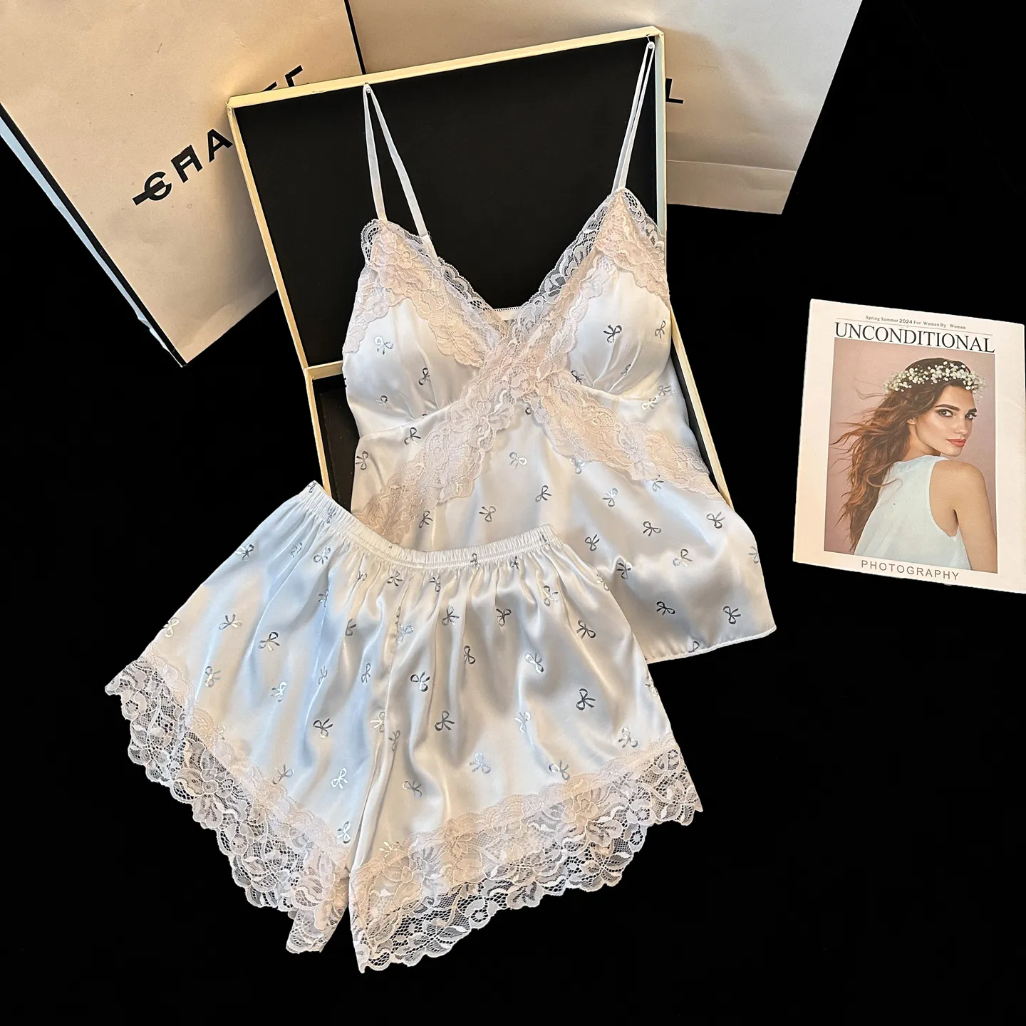 Summer New Ice Silk Cami Shorts Two-Piece Set Cool Sensual Lace Trim Summer Pajama Women's Set with Chest Pads · Wholesale · OEM · Worldwide Shipping - View 3