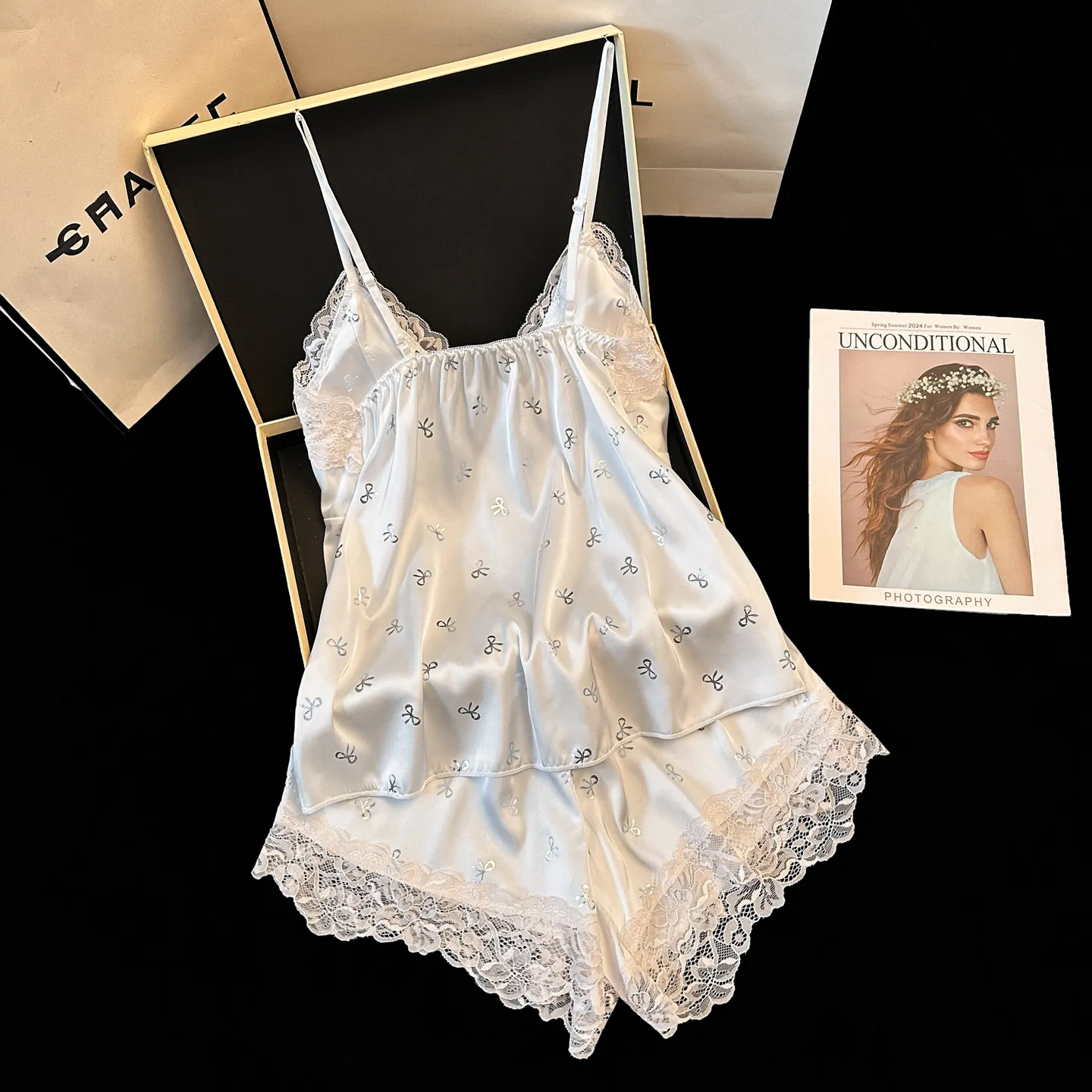 Summer New Ice Silk Cami Shorts Two-Piece Set Cool Sensual Lace Trim Summer Pajama Women's Set with Chest Pads · Wholesale · OEM · Worldwide Shipping - Detail 13