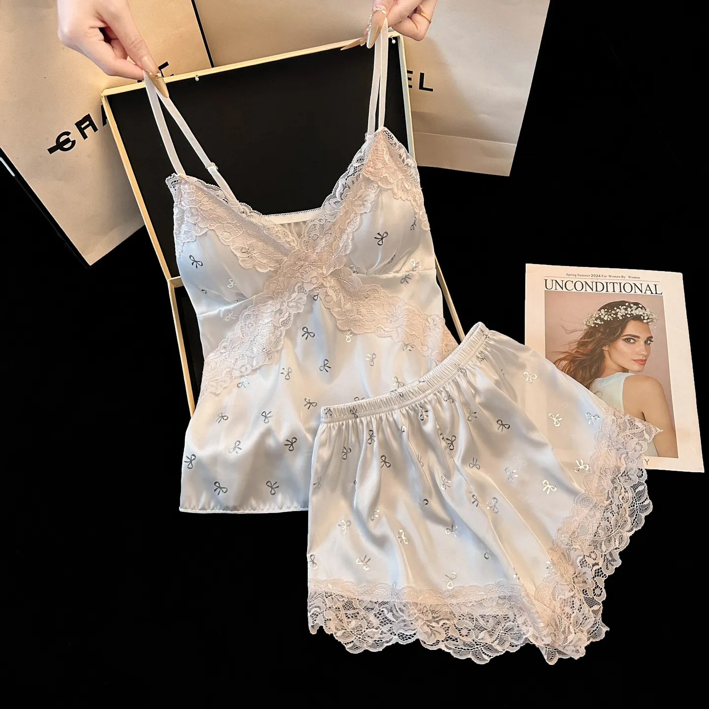 Summer New Ice Silk Cami Shorts Two-Piece Set Cool Sensual Lace Trim Summer Pajama Women's Set with Chest Pads · Wholesale · OEM · Worldwide Shipping - View 2