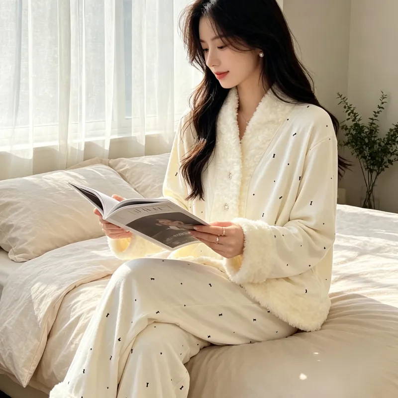 Island Velvet Pajamas Women Winter Thickened Plush Embossed Bow Double-Sided Velvet Warm Long Sleeve Long Pants Set · Wholesale · OEM · Worldwide Shipping - Detail 13
