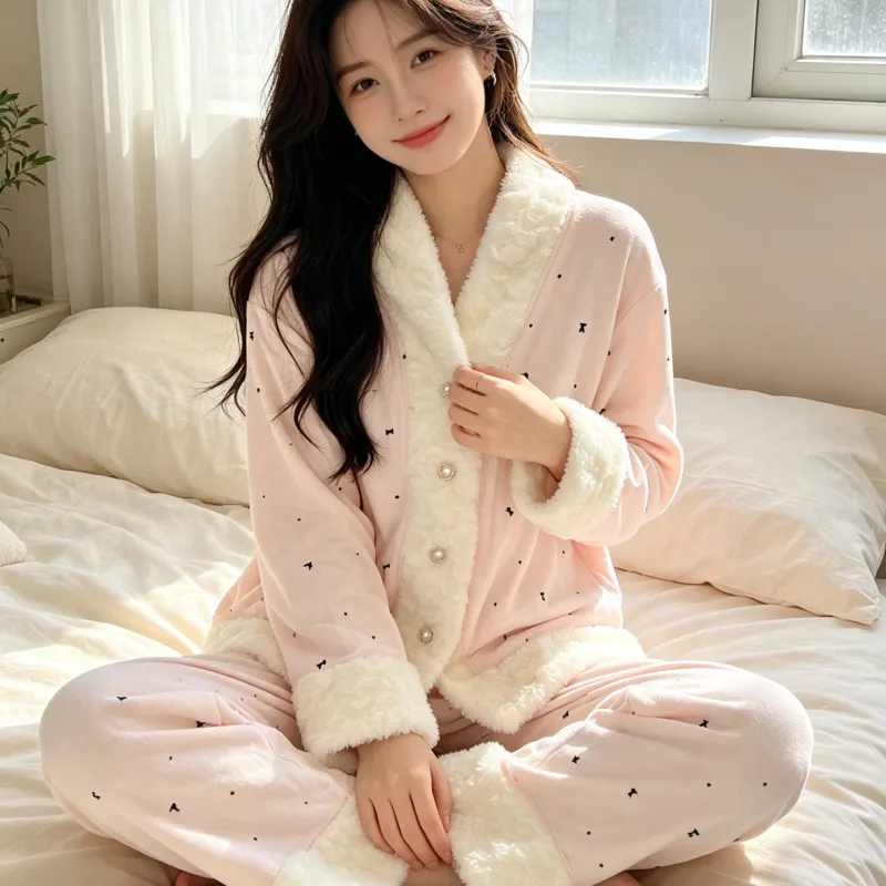 Island Velvet Pajamas Women Winter Thickened Plush Embossed Bow Double-Sided Velvet Warm Long Sleeve Long Pants Set · Wholesale · OEM · Worldwide Shipping - Detail 7