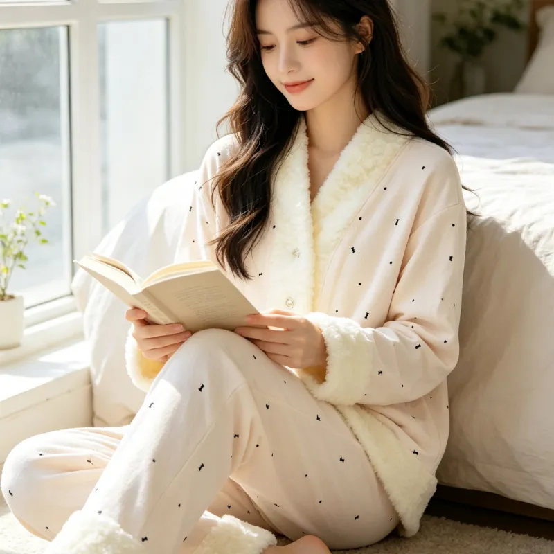 Island Velvet Pajamas Women Winter Thickened Plush Embossed Bow Double-Sided Velvet Warm Long Sleeve Long Pants Set · Wholesale · OEM · Worldwide Shipping - View 2
