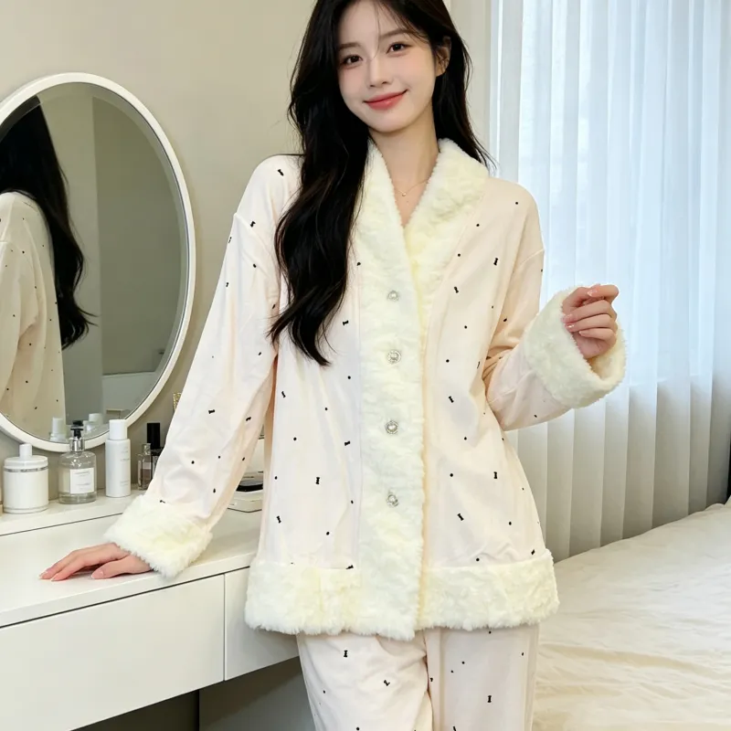 Island Velvet Pajamas Women Winter Thickened Plush Embossed Bow Double-Sided Velvet Warm Long Sleeve Long Pants Set · Wholesale · OEM · Worldwide Shipping - Detail 6