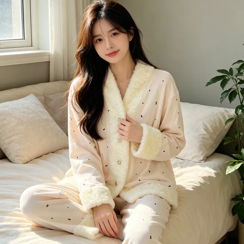 Island Velvet Pajamas Women Winter Thickened Plush Embossed Bow Double-Sided Velvet Warm Long Sleeve Long Pants Set · Wholesale · OEM · Worldwide Shipping - Detail 4